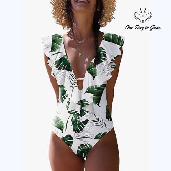 Sporlike V Neck Ruffle One Piece Swimsuit Size L - Picture 1 of 6